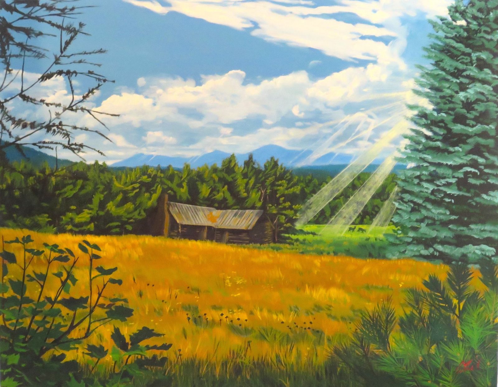 A weathered cabin in a golden mountain meadow with light rays breaking through summer clouds
