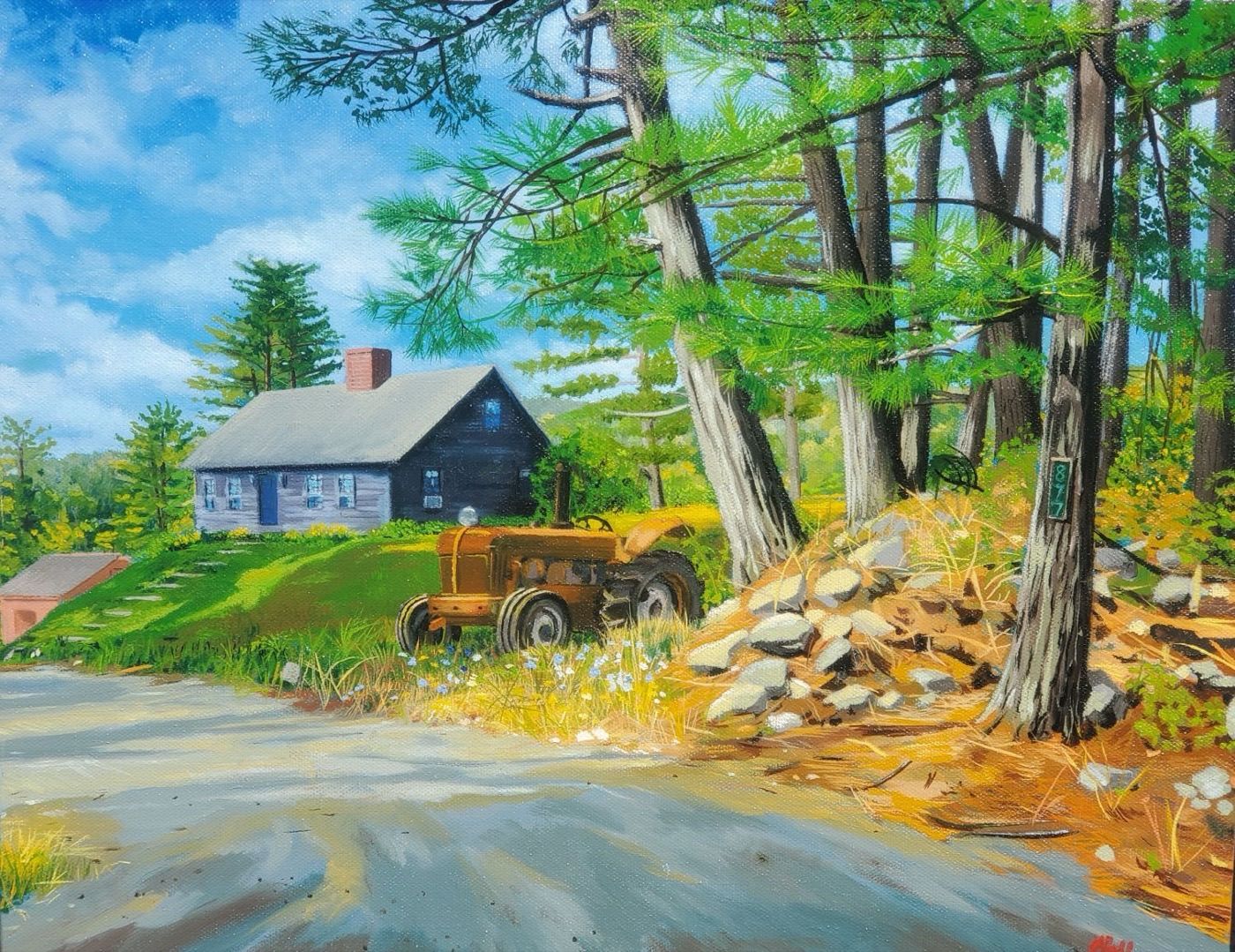 A New England saltbox farmhouse on a hill with an old tractor in the summer grass