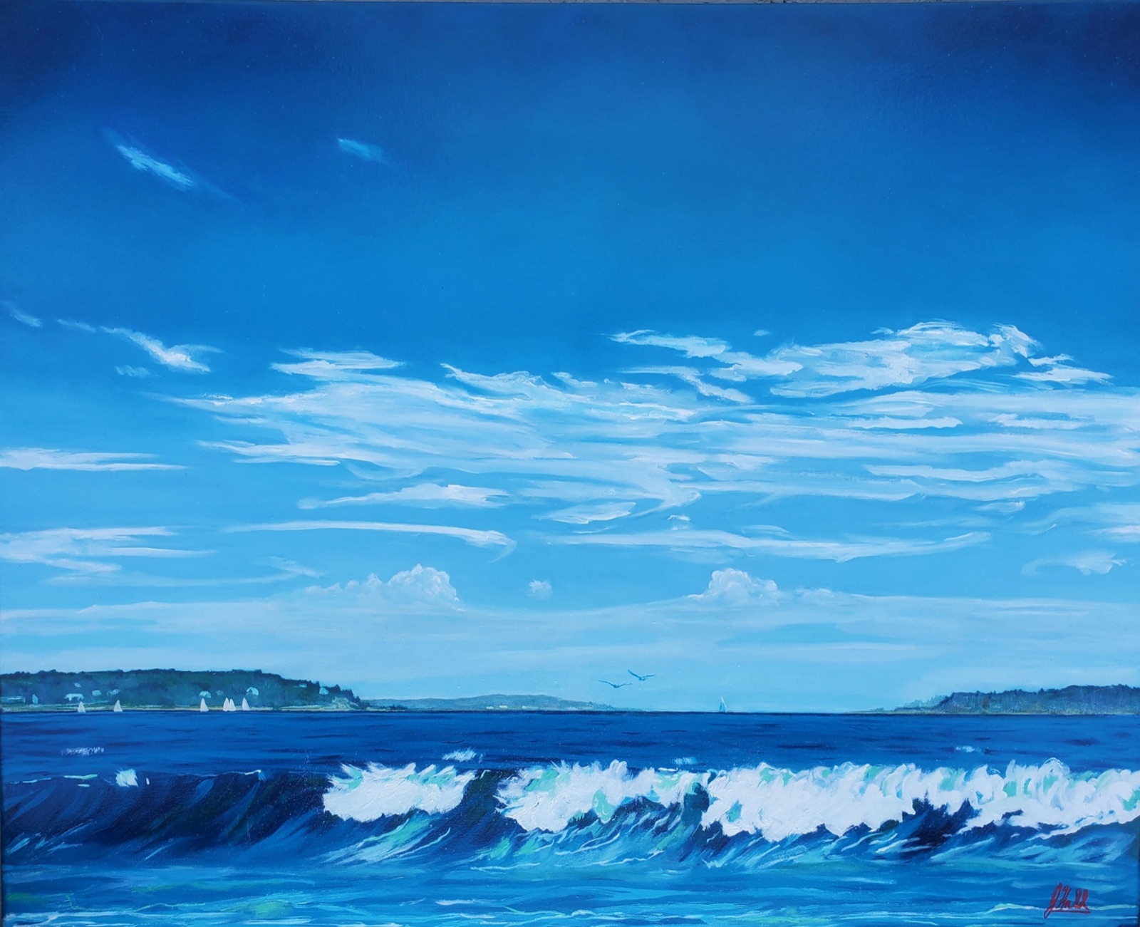 A wave breaks in bright blue Atlantic water off a wooded New England point, sailboats and gulls under a wide summer sky